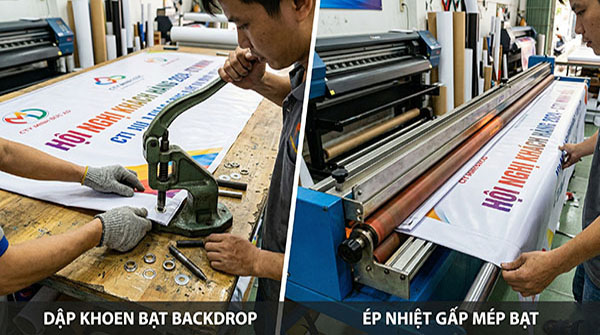 Dập khoen và ép nhiệt gấp mép bạt backdrop