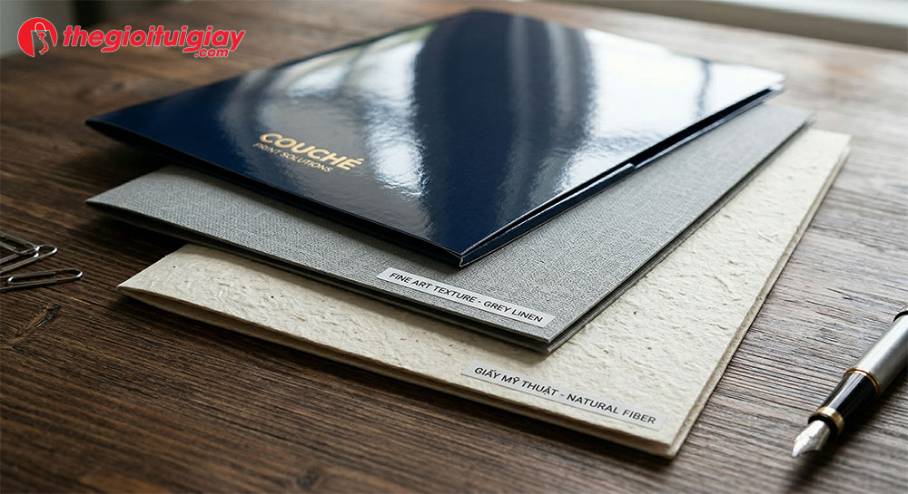 So s&aacute;nh chất liệu giấy Couche v&agrave; giấy mỹ thuật in folder