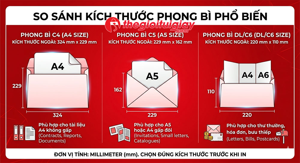 Bảng k&iacute;ch thước phong b&igrave; nắp chữ V ti&ecirc;u chuẩn khổ A4, A5 v&agrave; A6 d&ugrave;ng trong văn ph&ograve;ng