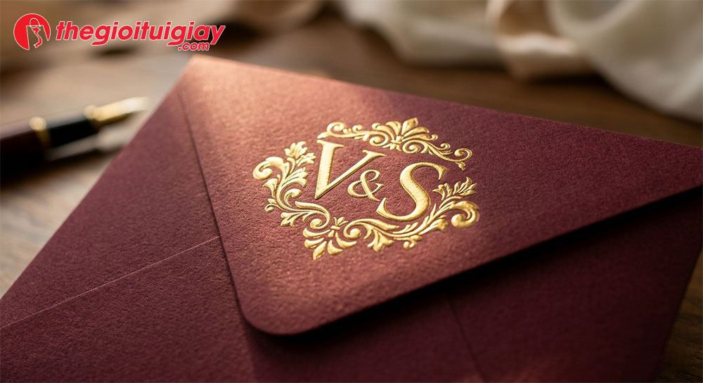 Kỹ thuật gia c&ocirc;ng &eacute;p kim v&agrave;ng v&agrave; dập nổi logo tinh tế tr&ecirc;n phong b&igrave; nắp chữ V