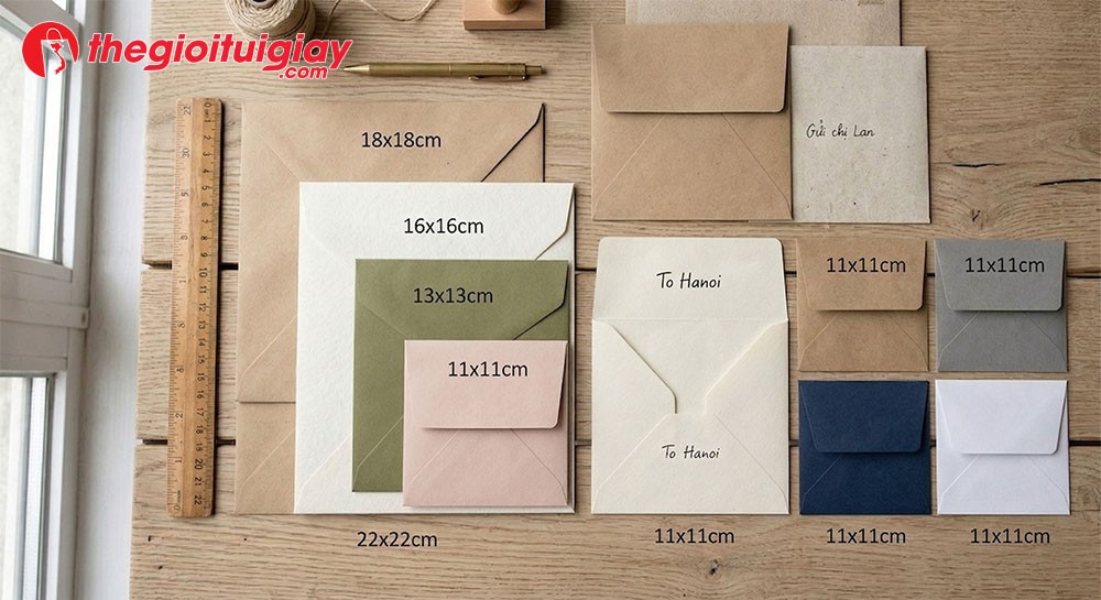 C&aacute;c k&iacute;ch thước phong b&igrave; nắp vu&ocirc;ng ti&ecirc;u chuẩn 11x11cm 12x12cm 16x16cm