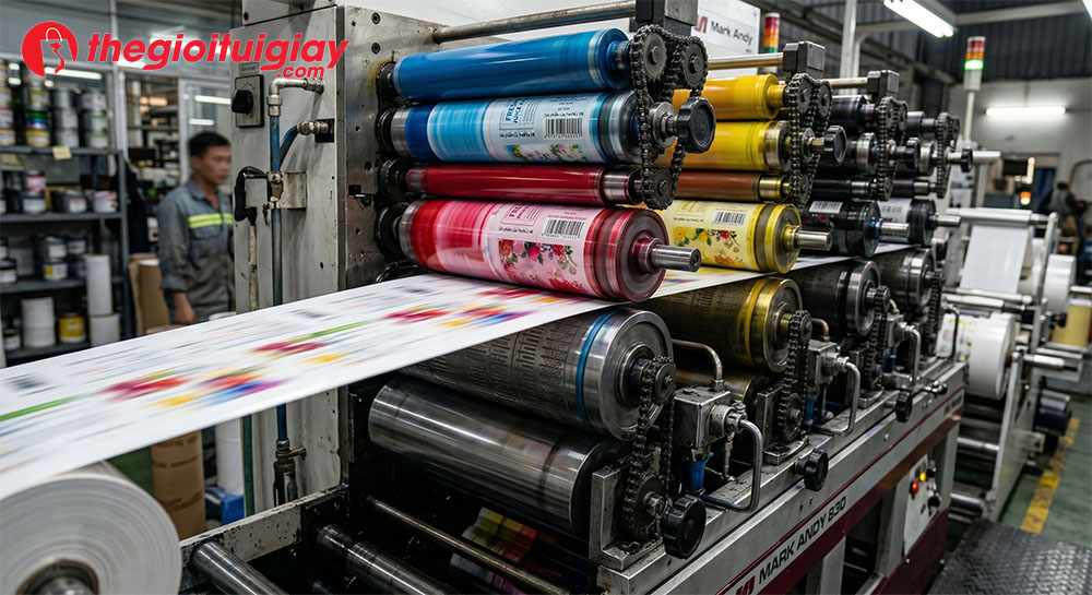Hệ thống m&aacute;y in Flexo hiện đại tại c&ocirc;ng ty in decal cuộn Thế Giới T&uacute;i Giấy gi&uacute;p đảm bảo độ sắc n&eacute;t