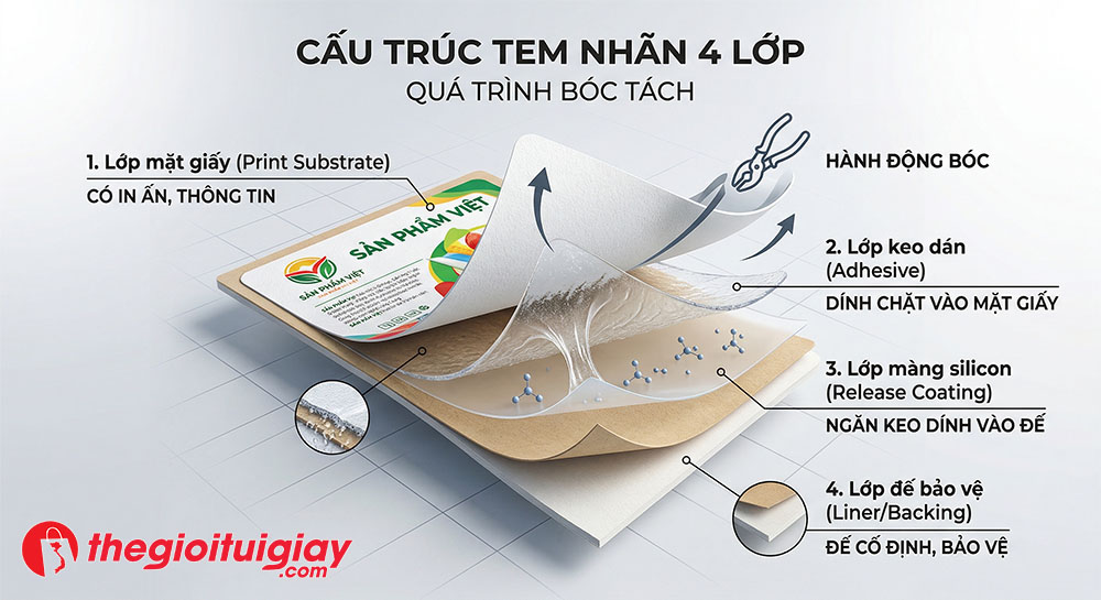 Sơ đồ cấu tạo 4 lớp ti&ecirc;u chuẩn của ấn phẩm in decal giấy