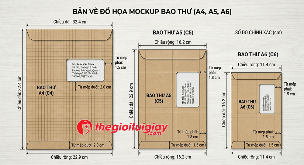 Bản vẽ quy chuẩn k&iacute;ch thước in phong b&igrave; c&oacute; cửa sổ A4 A5 A6