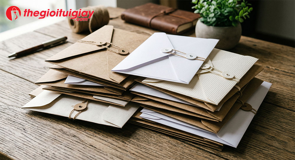 C&aacute;c loại chất liệu giấy in phong b&igrave; nắp g&agrave;i phổ biến gồm giấy Kraft, giấy mỹ thuật v&agrave; giấy Couche cao cấp