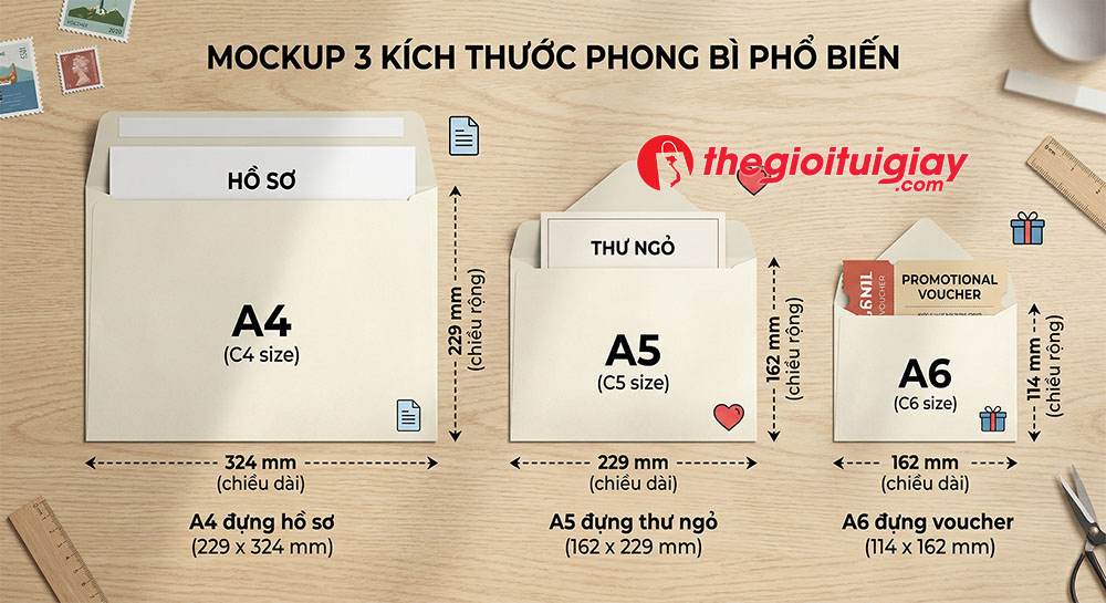 So s&aacute;nh c&aacute;c k&iacute;ch thước phong b&igrave; nắp g&agrave;i ti&ecirc;u chuẩn A4, A5 v&agrave; A6 d&ugrave;ng cho doanh nghiệp