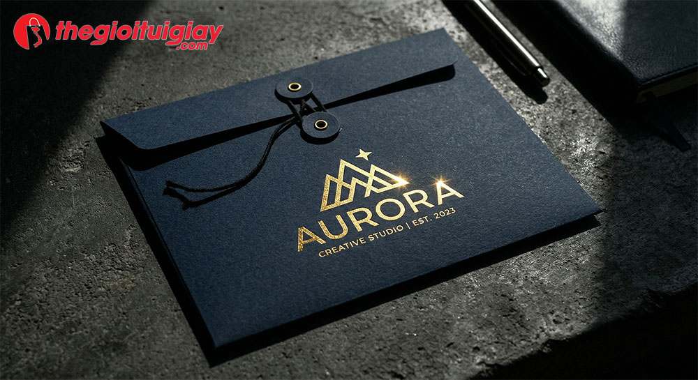 Mẫu phong b&igrave; hồ sơ doanh nghiệp cao cấp với chi tiết logo được gia c&ocirc;ng &eacute;p kim v&agrave;ng sang trọng, chuy&ecirc;n nghiệp