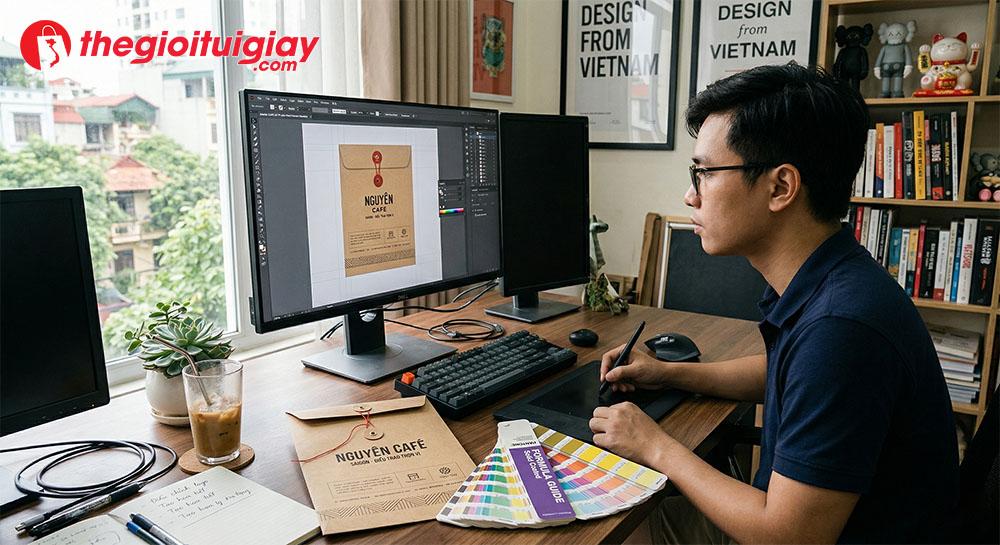 Qu&aacute; tr&igrave;nh thiết kế v&agrave; chọn m&agrave;u Pantone chuẩn x&aacute;c trước khi in ấn phong b&igrave; nắp g&agrave;i số lượng lớn