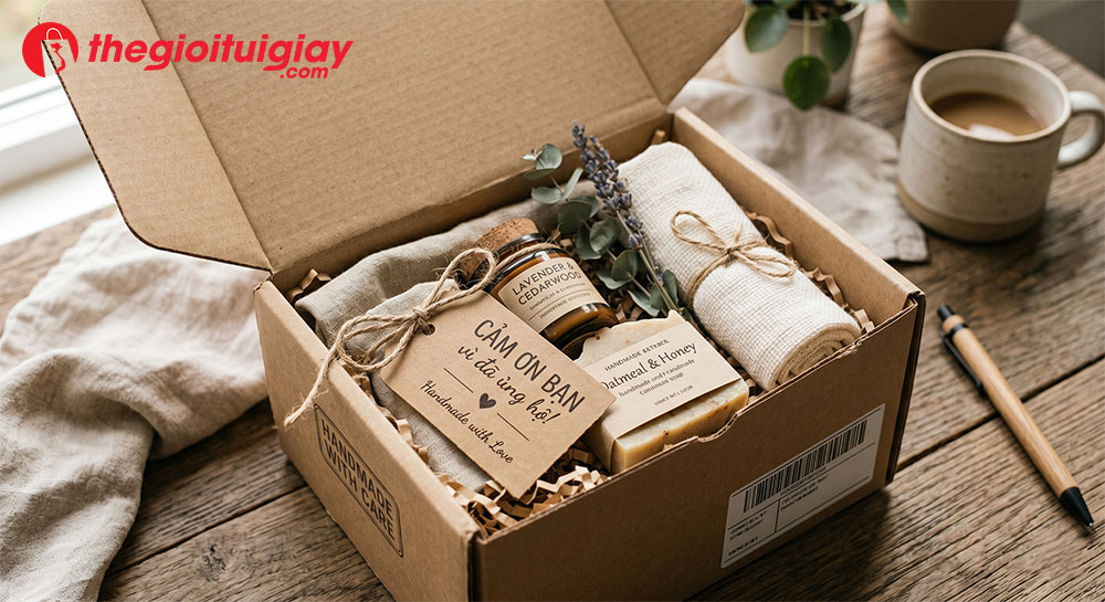M&aacute;c cảm ơn giấy kraft đ&iacute;nh k&egrave;m hộp h&agrave;ng e-commerce