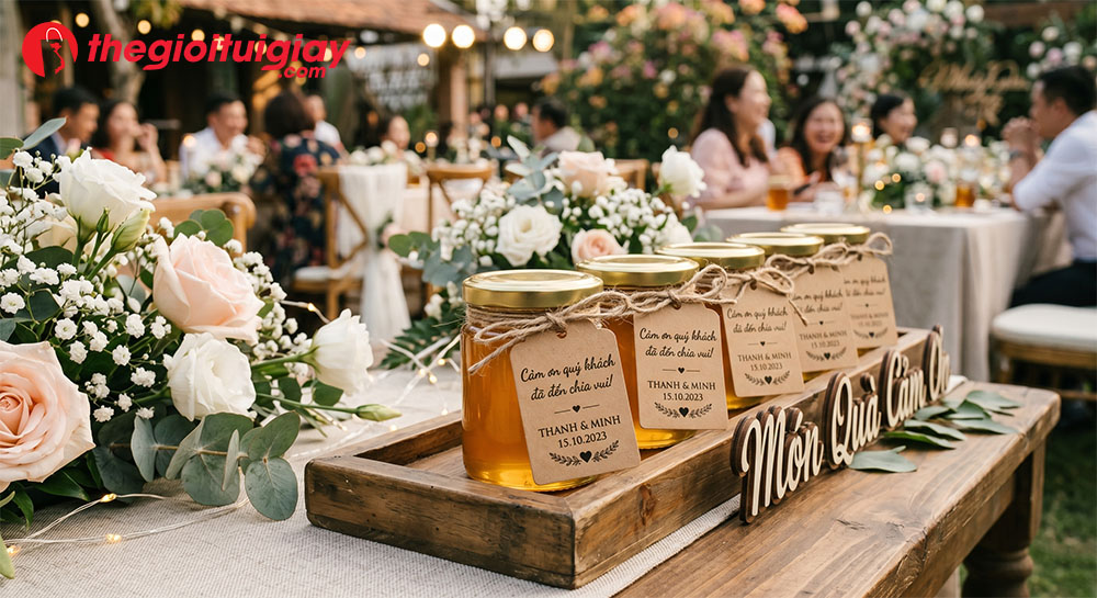 In tag cảm ơn tiệc cưới đ&iacute;nh tr&ecirc;n hũ mật ong