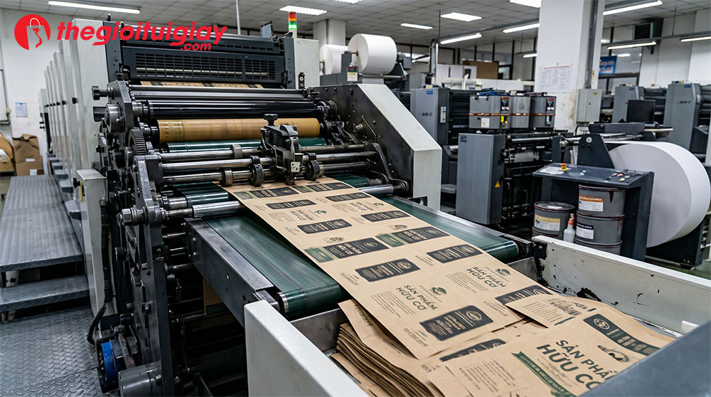 Hệ thống m&aacute;y in offset c&ocirc;ng nghiệp hiện đại tại xưởng Thế Giới T&uacute;i Giấy