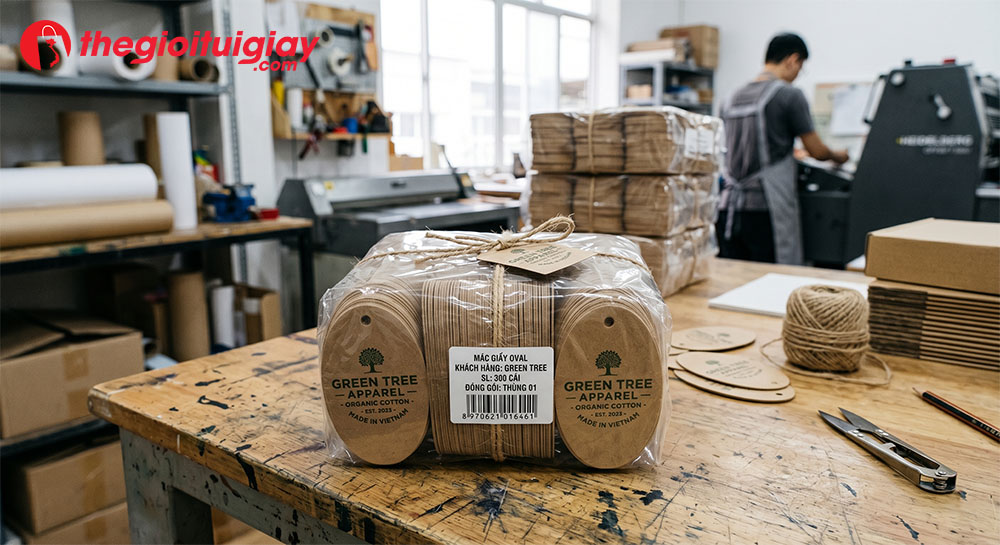 Xấp m&aacute;c giấy h&igrave;nh oval được đ&oacute;ng g&oacute;i ngay ngắn tại xưởng in, thể hiện việc tối ưu quy tr&igrave;nh sản xuất số lượng lớn