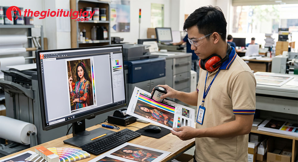Kỹ thuật viên đang kiểm tra màu in test trên các loại giấy in khác nhau