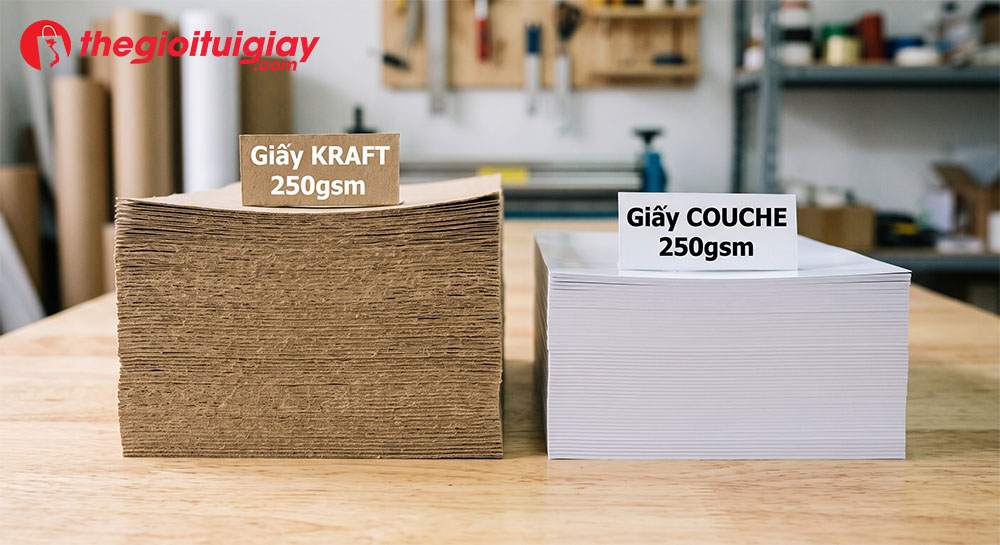 So sánh độ dày của giấy Kraft và giấy Couche cùng định lượng gsm