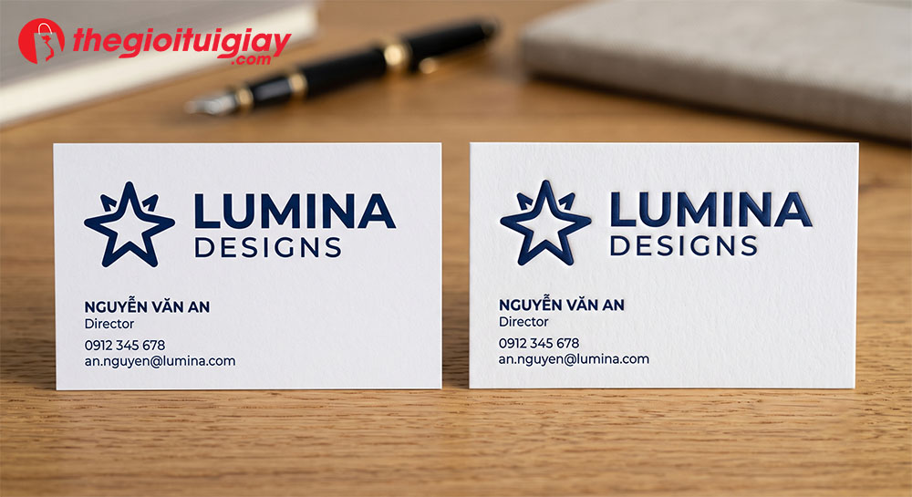 So sánh ấn phẩm in phẳng và name card sang trọng dập nổi logo