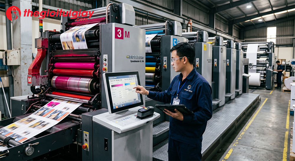 Quy trình in offset chuẩn công nghiệp qua hệ thống máy nhiều trạm màu
