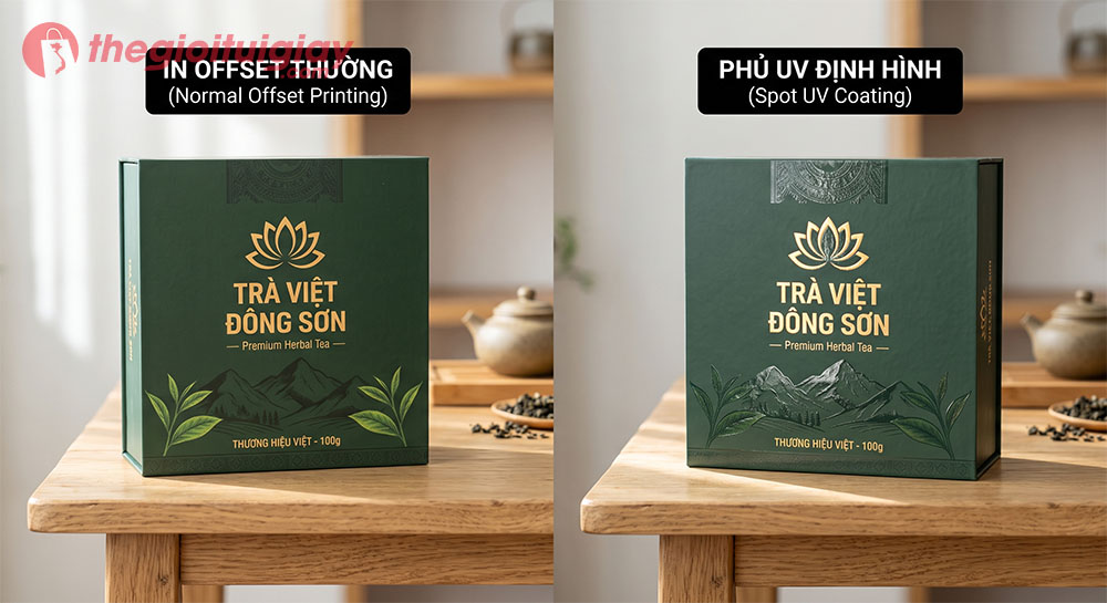 So s&aacute;nh hiệu ứng hộp giấy in thường v&agrave; phủ UV định h&igrave;nh