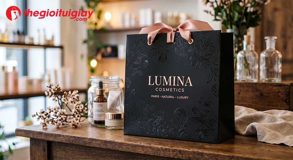 T&uacute;i giấy đựng mỹ phẩm cao cấp phủ UV định h&igrave;nh hoa văn
