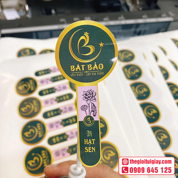 Mẫu tem nhãn Bát Bảo được gia công bế demi thành hình dạng độc đáo