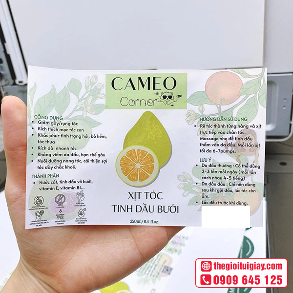 Mẫu tem nhãn xịt tóc tinh dầu bưởi CAMEO