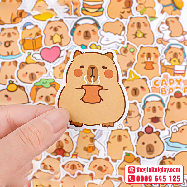 Mẫu sticker capybara uống cà phê