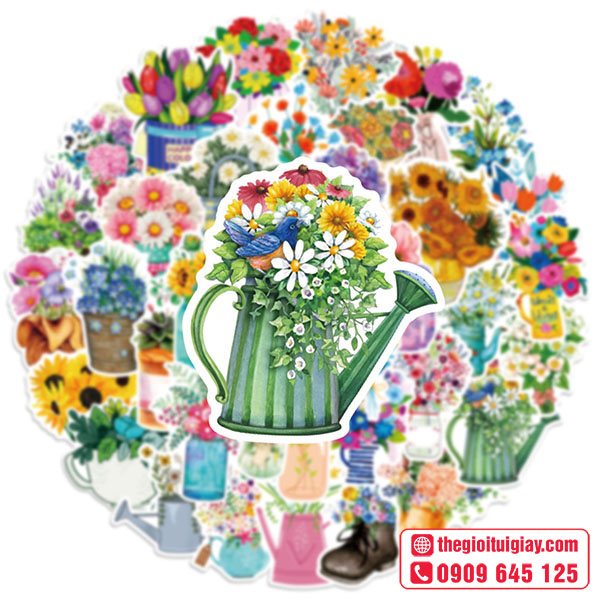 Mẫu sticker hoa và bình tưới