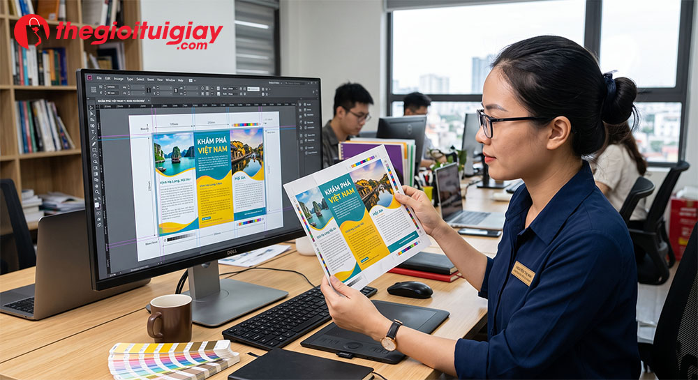 Chuyên gia so sánh bản in thử brochure với thiết kế trên máy tính để kiểm tra kích thước