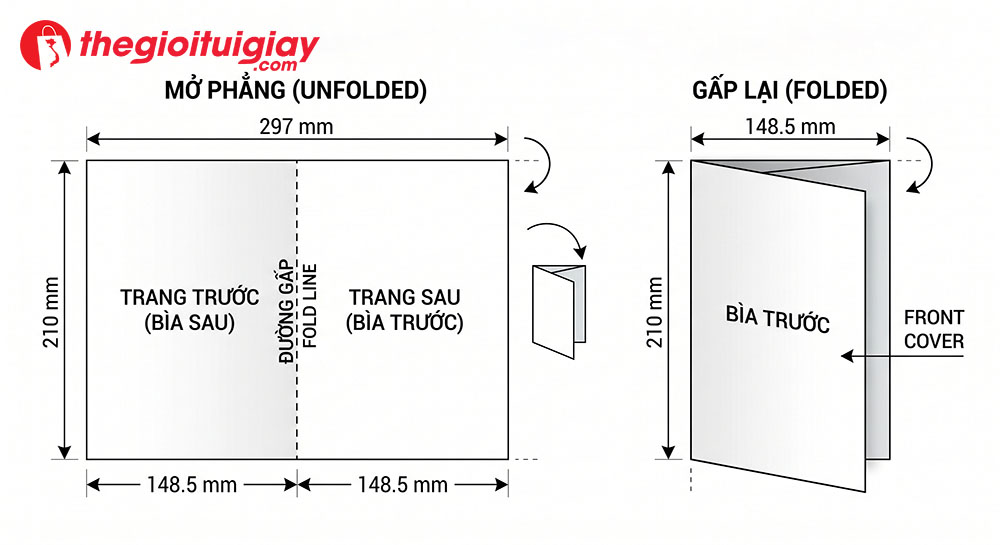 Sơ đồ kích thước brochure gấp đôi từ khổ A4 trải phẳng đến khổ A5 thành phẩm