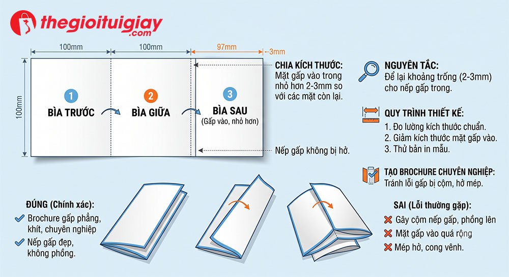 Hướng dẫn chia tỷ lệ kích thước các mặt gấp của brochure gấp 3 để tránh bị cộm giấy