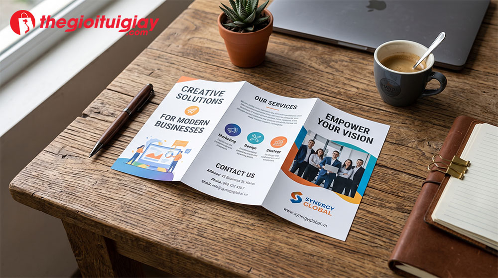 Mẫu thiết kế brochure dạng phẳng khổ A5 nhỏ gọn đặt trên bàn làm việc