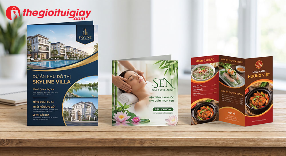 So sánh kích thước brochure thực tế cho ngành bất động sản, spa và nhà hàng