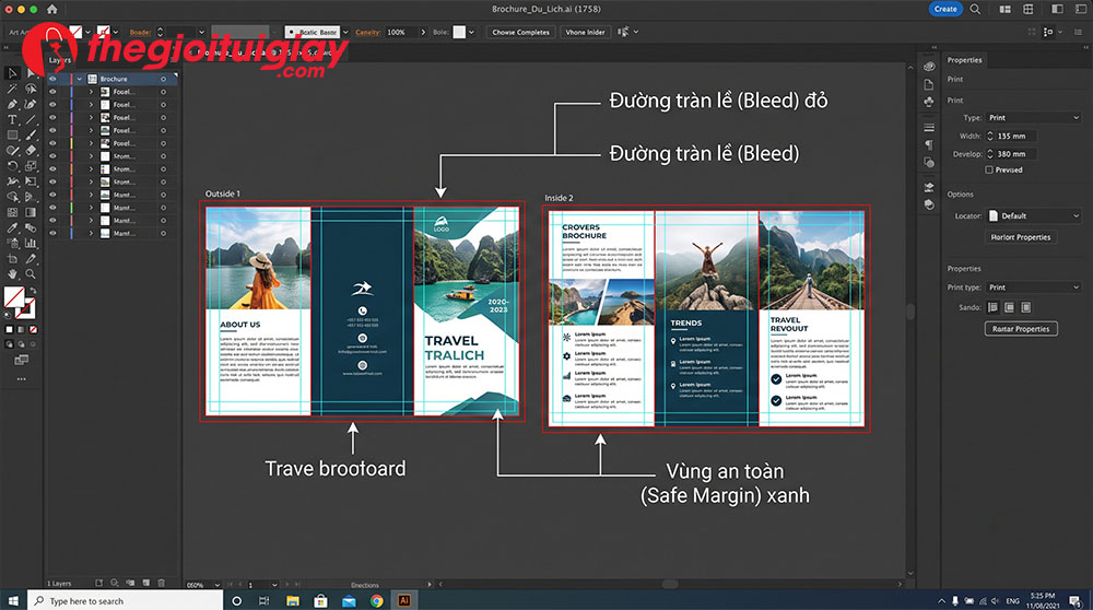 Giao diện Adobe Illustrator hiển thị thiết lập vùng tràn lề bleed và vùng an toàn safe margin cho brochure