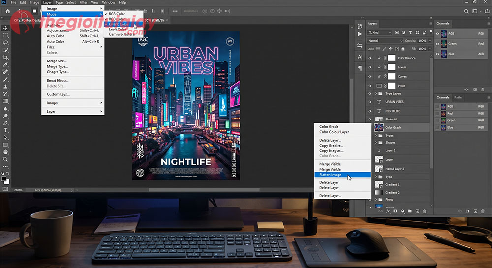 Các bước gộp layer và kiểm tra hệ màu trong Adobe Photoshop