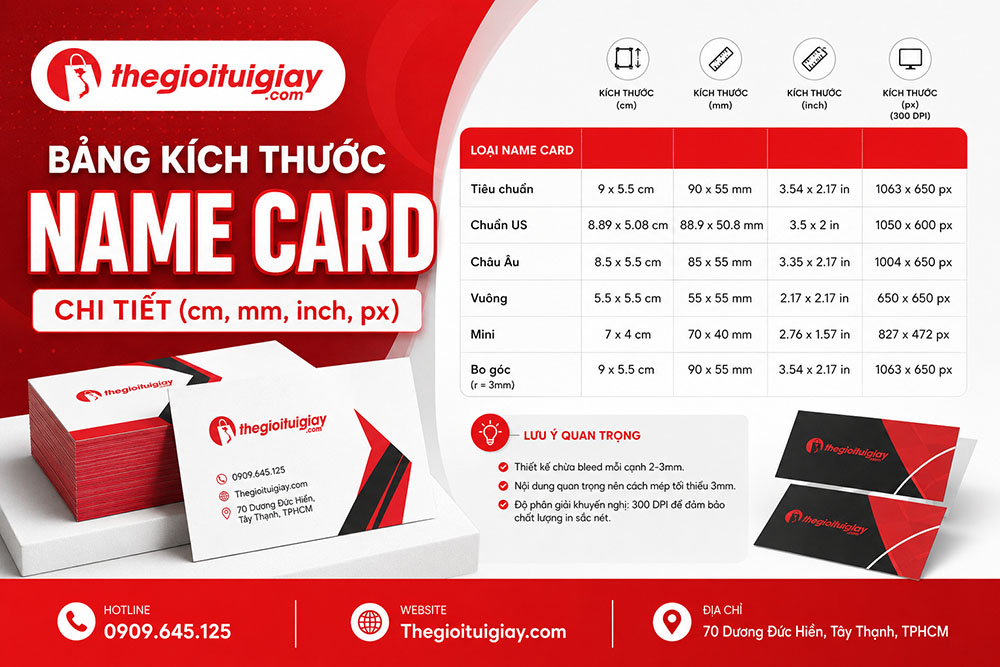 Bảng Kích Thước Name Card Chi Tiết (cm, mm, inch, px)