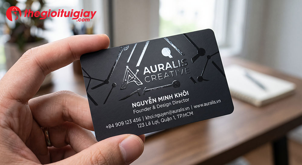 Phủ UV định vị tạo điểm nhấn bóng bẩy trên danh thiếp cán mờ