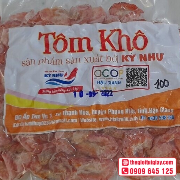 Mẫu tem nhãn tôm khô đẹp mắt cho bao bì hút chân không