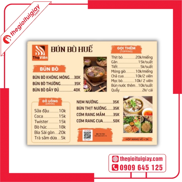 Mẫu menu bún bò Thọ Viên độc đáo tạo dấu ấn thương hiệu