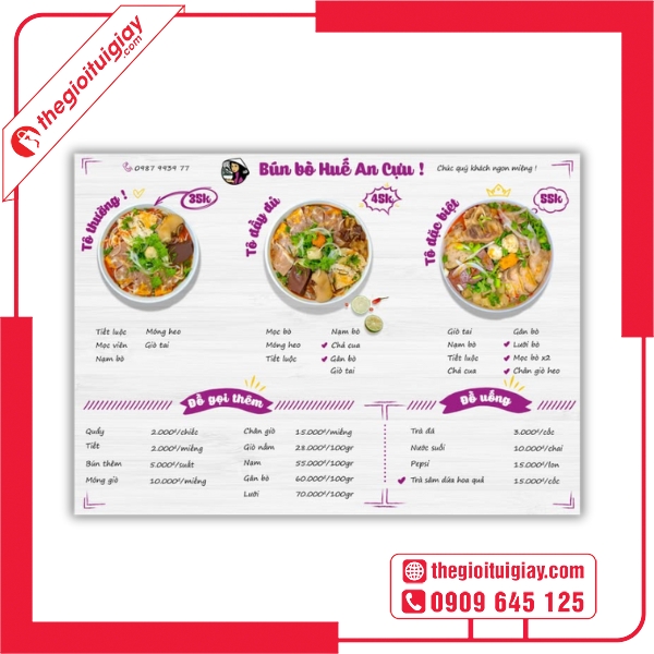  Mẫu menu bún bò Huế An Cựu kèm nước uống và tráng miệng 