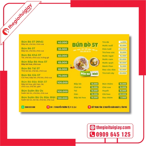 Mẫu thiết kế menu bún bò 5T gọn gàng, dễ đọc, dễ nhìn