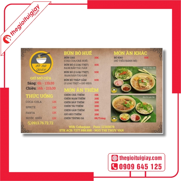  Mẫu menu bún bò sang trọng cho quán ăn truyền thống - Cô Ba Quán 