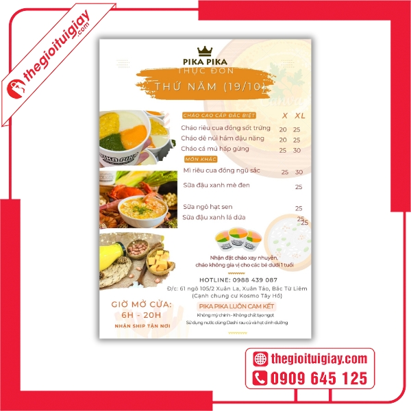 Mẫu menu cháo dinh dưỡng thể hiện sự chuyên nghiệp và uy tín - Cháo Pika Pika