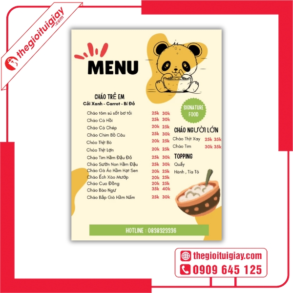 Mẫu menu cháo dinh dưỡng in kỹ thuật số chất lượng cao