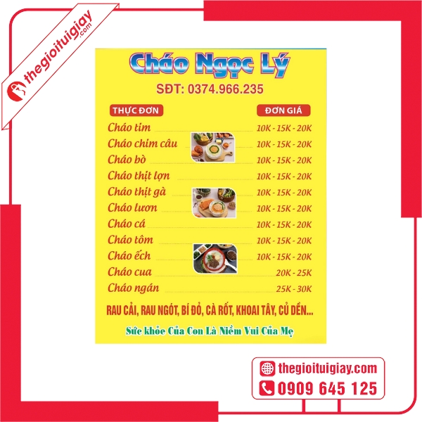  Mẫu menu cháo dinh dưỡng đơn giản nhưng chuyên nghiệp - Cháo Ngọc Lý 