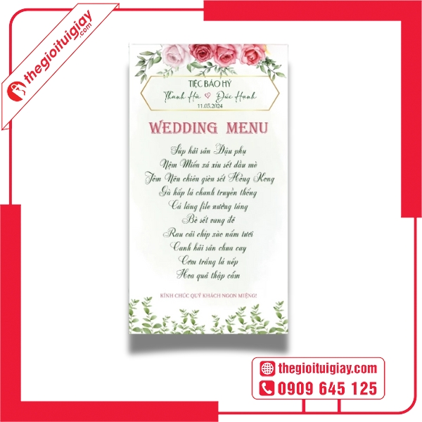 Mẫu menu đám cưới với hình minh họa hoa tươi