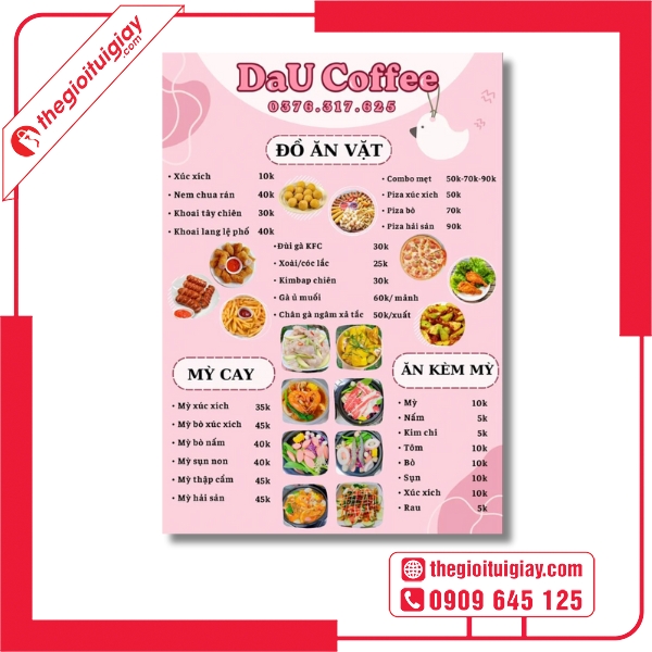 Mẫu menu quán ăn vặt phong cách đường phố Việt Nam DaU Coffee