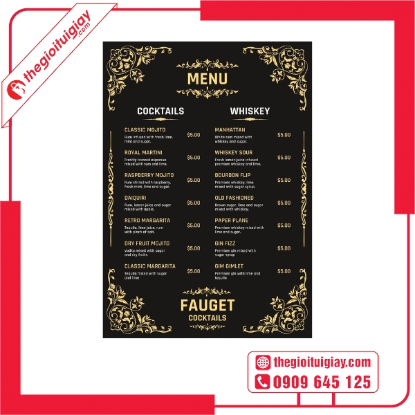 Mẫu menu quán bar sang trọng với thiết kế hiện đại