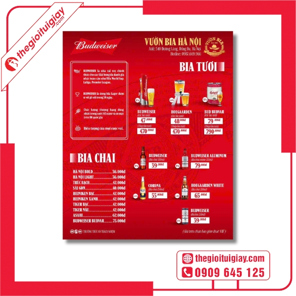  Mẫu menu quán bia hơi bằng giấy cứng chống nước - Vườn Bia Hà Nội 