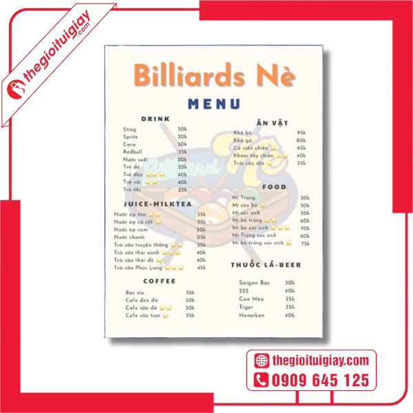  Mẫu menu quán bida kết hợp đồ ăn nhẹ và nước giải khát - Billiards Nè 