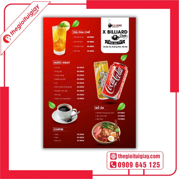  Mẫu menu quán bida in trên giấy mỹ thuật cao cấp - X Billiards 