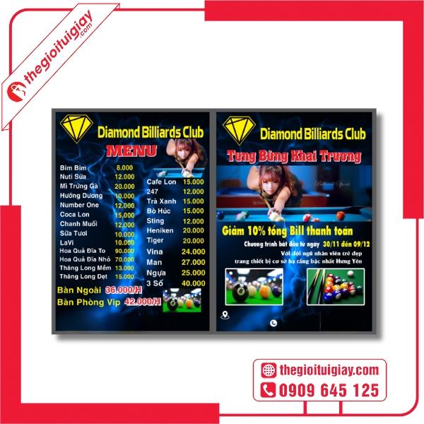 Mẫu menu quán bida phong cách năng động cho giới trẻ - Diamond Billiards Club